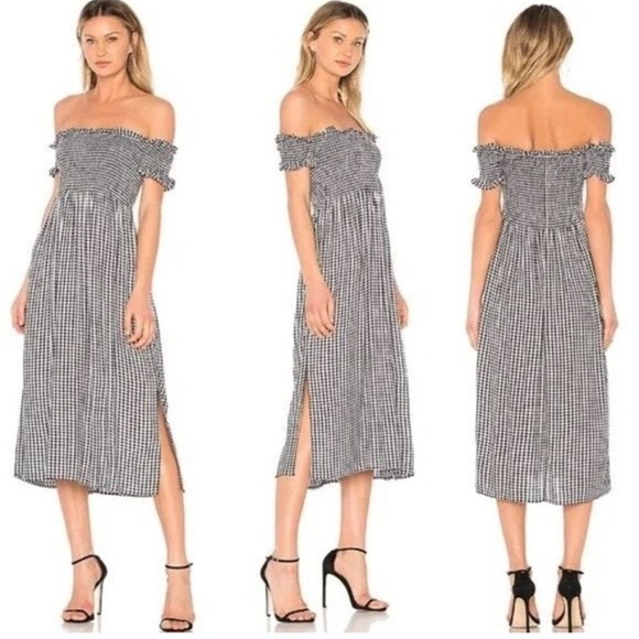 BARDOT Cindy Gingham Off the Shoulder Midi Dress - Picture 2 of 15